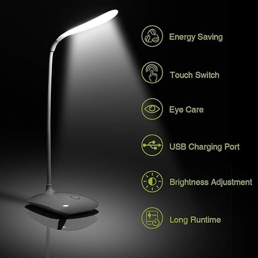 Led Touch On/off Switch Desk Lamp/Student Study Reading Dimmer Rechargeable Led Table Lamps White Pack of 1